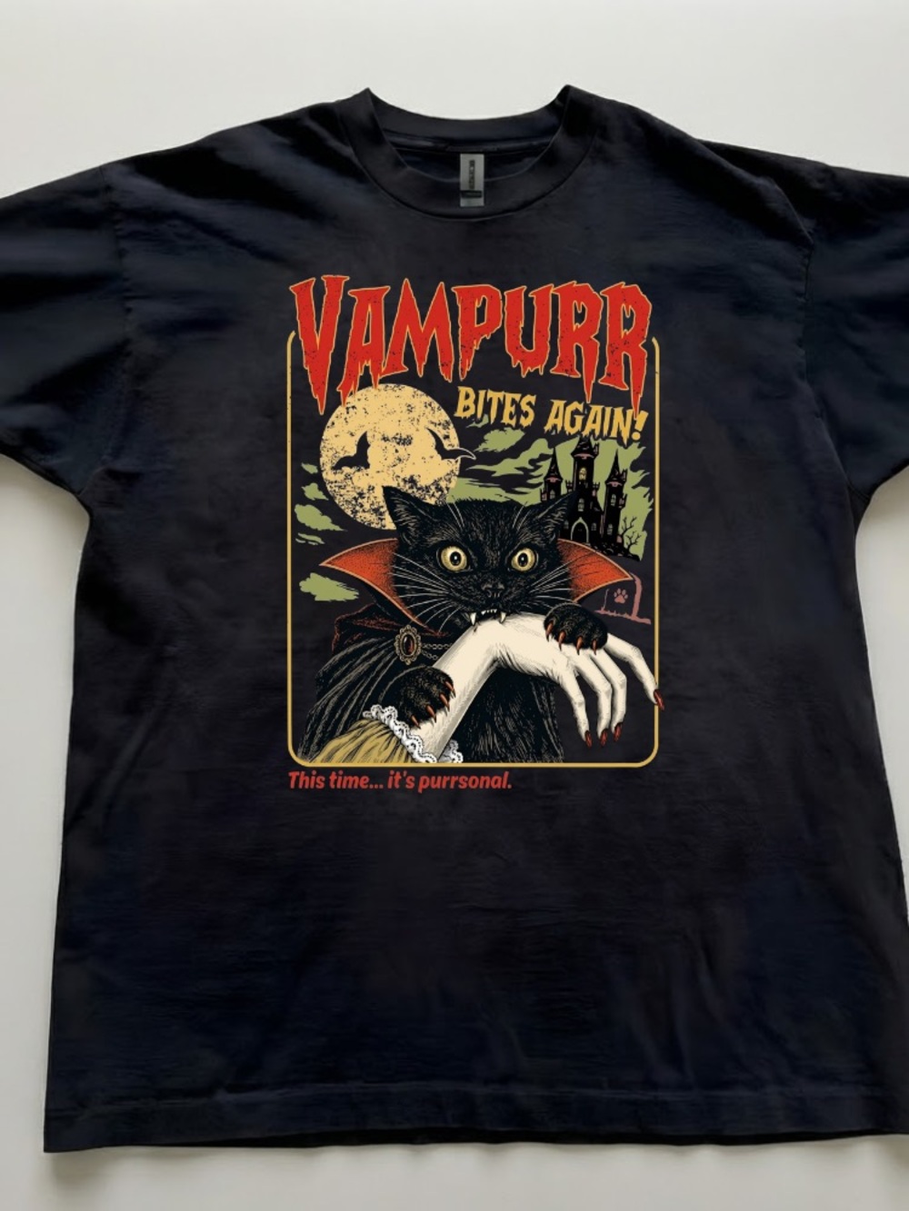 Vampurr Bites Again Black Cat Vampire Halloween Spooky Vintage Black T-Shirt